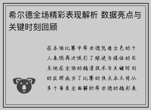 希尔德全场精彩表现解析 数据亮点与关键时刻回顾