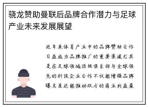 骁龙赞助曼联后品牌合作潜力与足球产业未来发展展望